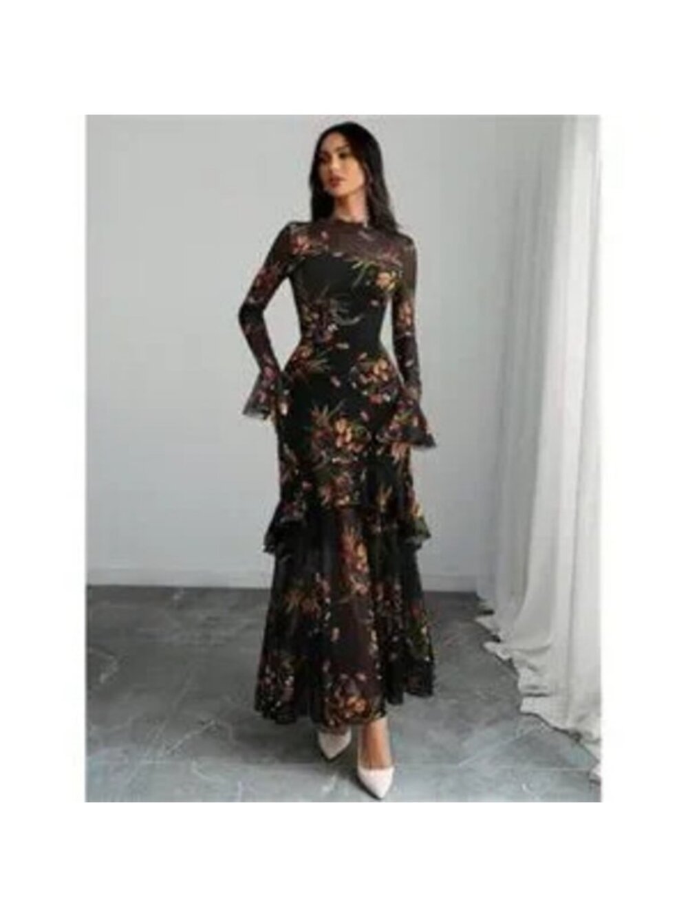 Women's Floral Maxi Dress Sheer Mesh Bell Sleeve Tiered Ruffle Gothic Long Dress - Picture 2 of 4